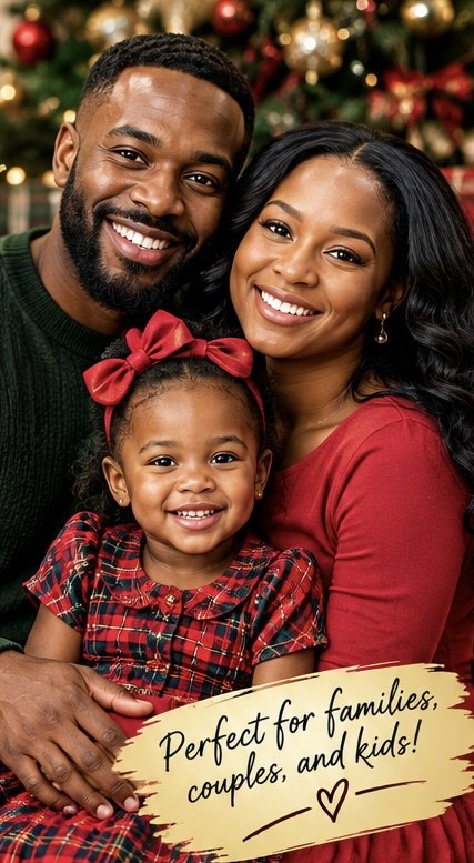 Smiling family of three in matching Christmas outfits in front of a decorated tree, with the text 'Perfect for families, couples, and kids!'